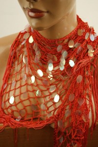 chusta ażurowa siatka z cekinami  082019 koral pomarańcz