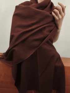 Duży szeroki szal jedwab z wełną PASHMINA 0055810 brąz czekolada