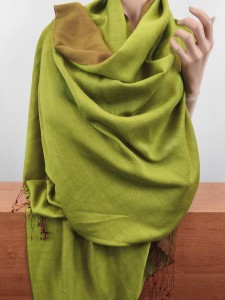piękny duży szal jedwab z wełną PASHMINA 0055815 zieleń z rudym